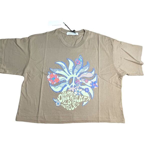 New! Daydreamer Women's Peace Sun Boxy Short Sleeve Crop Tee Taupe Tan XS NWT - Picture 4 of 16